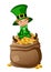 Cute leprechaun sitting on the bag full of coins. St. Patrick`s Day Vector illustration