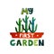 Cute lettering text my first garden. Children s book illustration. Cactus in a pot. Watercolor background. Vector