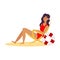 Cute lifeguard girl in red swimsuit sitting in a chair looking into the distance. Vector illustration in flat cartoon