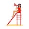 Cute lifeguard girl in red swimsuit sitting on lookout tower with the megaphone. Vector illustration in flat cartoon