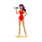 Cute lifeguard girl in a red swimsuit standing with binocular looking into the distance. Vector illustration in flat