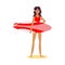 Cute lifeguard girl in a red swimsuit standing with surfboard looking into the distance. Vector illustration in flat