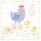 Cute light blue hen with baby chickens vector background