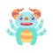 Cute Light Blue Horned Monster, Adorable Alien Cartoon Character Fantastic Creature Vector Illustration