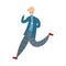 Cute light-haired boy running on a rainy day. Vector illustration in flat cartoon style.