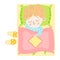 The cute light-haired little boy lovely sleeping under the duvet in bed top view. Vector illustration in flat cartoon