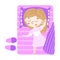 Cute light-haired little girl lovely sleeping in purple bed top view. Vector illustration in flat cartoon style.