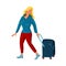 A cute light-haired woman carries a blue travel stroller suitcase. Vector illustration in flat cartoon style.