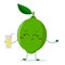 Cute lime cartoon character holding a glass with juice.