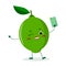 Cute lime cartoon character with a smartphone and does selfie.