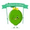 Cute lime cartoon character with a yellow bow and earrings. Smiles and holds a premium quality poster.