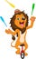 Cute lion bowling pin juggling and riding one wheel bicycle