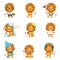 Cute lion characters posing in different situations colorful vector Illustrations
