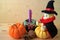 Cute lion doll in wizard costume sitting on bright color ripe pumpkin with pine cones and purple candle