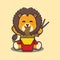 Cute lion eating noodle cartoon vector illustration.