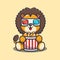 Cute lion eating popcorn and watch 3d movie.