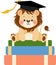 Cute lion with graduation cap sitting on top of books