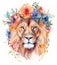 Cute lion head portrait with boho wild flowers wreath. Jungle animal watercolor illustration on white background