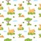 Cute lion seamless pattern. Repeated funny lioness cubs. Kids print. Elements of savannah. Cartoon predatory animals
