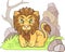 Cute lion sitting in the grass, funny design illustration