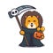 Cute lion wearing grim reaper costume holding scythe and halloween pumpkin