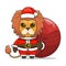 cute lion wearing santa costume and carrying santa bundle bag, animal mascot in christmas costume