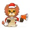 cute lion wearing santa costume holding megaphone and reading script ad, cartoon animal mascot in christmas costume