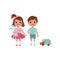 Cute litlle boy and girl characters with toys, stage of growing up concept vector Illustration on a white background