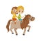 Cute litlle boy and girl riding a horse, equestrian sport concept cartoon vector Illustration on a white background