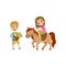 Cute litlle girl riding a horse, boy standing next to the horse with basket of carrots, equestrian sport concept cartoon