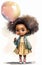 Cute little african american girl with curly black hair holding a balloon. Watercolor painting
