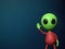 Cute little alien cartoon character is waving his hand in empty space front of the stars 3d illustration background