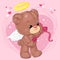 Cute little angel teddy bear with arrow of cupid on heart background. Greeting card with St. Valentine`s Day.