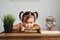 Cute little asian baby toddler girl looking at camera while reading a books with alarm clock