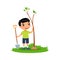 Cute little asian boy planting tree flat vector illustration. Happy kid gardening cartoon character