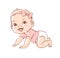 Cute little baby girl in diaper. Active baby of 3-12 months. First year baby development. Newborn crawling and smiling.