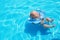 Cute little baby with inflatable neck ring in swimming pool