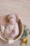 Cute little baby in a knitted hat with a toy bunny lies in a wicker basket decorated with greens and lemons