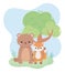 Cute little bear fox tree meadow cartoon animals in a natural landscape