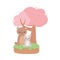 Cute little bear and goat sitting tree cartoon animals in a natural landscape