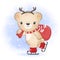 Cute little bear holding gift bag on ice skates, Christmas season