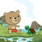 Cute little bear and little turtle play around swamp. Funny Kid Graphic Illustration. T-Shirt Design for children. Creative vector