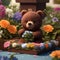 cute little bear sitting in the flower garden