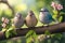 Cute little birds sitting on a branch of a blossoming tree