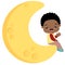 Cute Little Black Boy Sitting on Moon Flat Vector Illustration Isolated on White