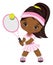 Cute Little Black Girl Wearing Pink and White Sport Outfit Playing Tennis. Vector Little Tennis Player