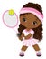 Cute Little Black Girl Wearing Pink and White Sport Outfit Playing Tennis. Vector Little Tennis Player