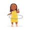 Cute little black-skinned girl spinning a hula hoop. Vector illustration. Summer activities. Children playing outside.