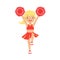 Cute little blond cheerleader girl dancing with red pompoms. Colorful cartoon character vector Illustration