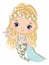 Cute Little Blond Mermaid with Glitter Fishtail, Long Curly Hair Holding Starfish. Vector Glitter Mermaid